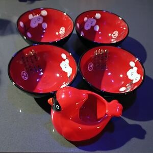 Red Ceramic Bird Sauce Dish with Matching Red Bowls
